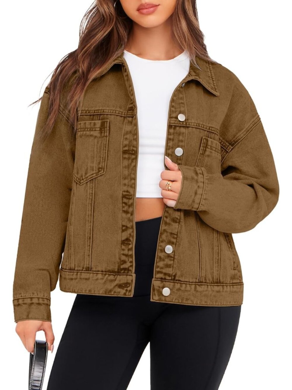 Women's Brown Oversized Jean Jacket Casual Long Sleeve Button Down Denim Jacket